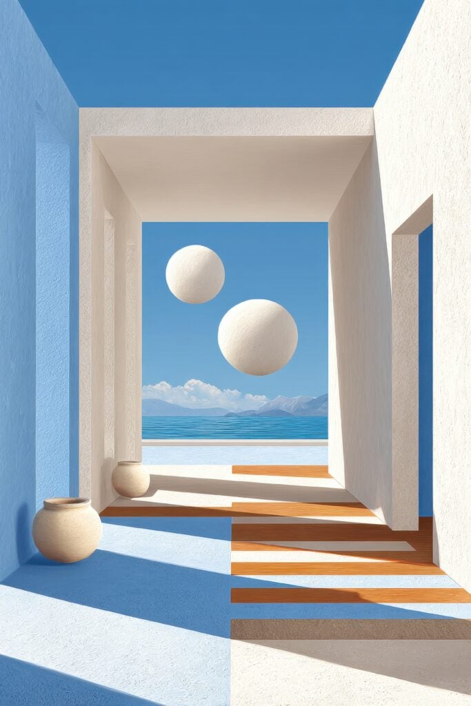 minimalist white room with floating spheres and blue ocean view through geometric arches